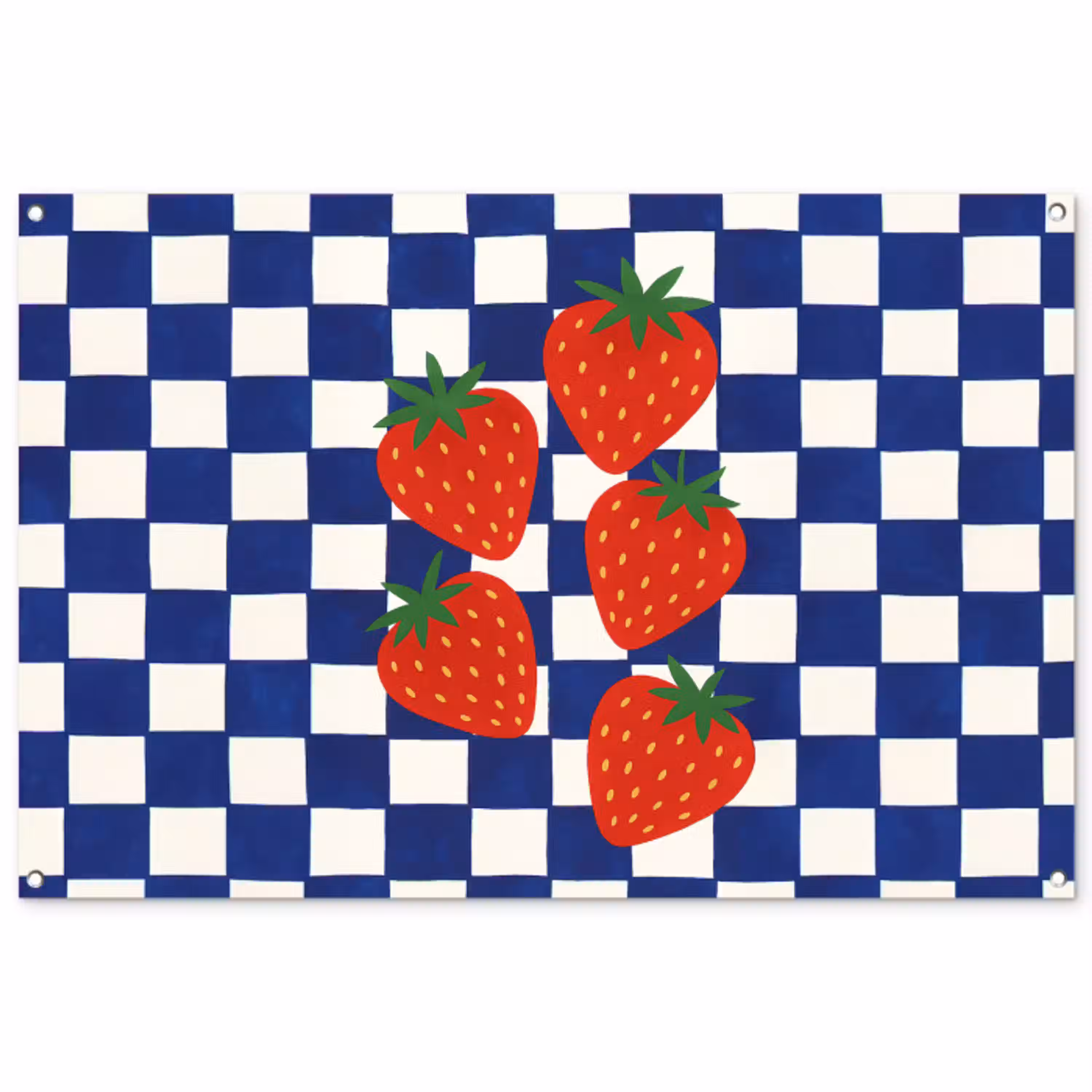 Geblokt - Blauw - Aardbeien tuinposter los doek groot -3d