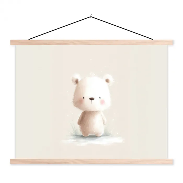 Beertje - Sneeuwvlokje - Wit - Pluizig textielposter latten blank klein -3d
