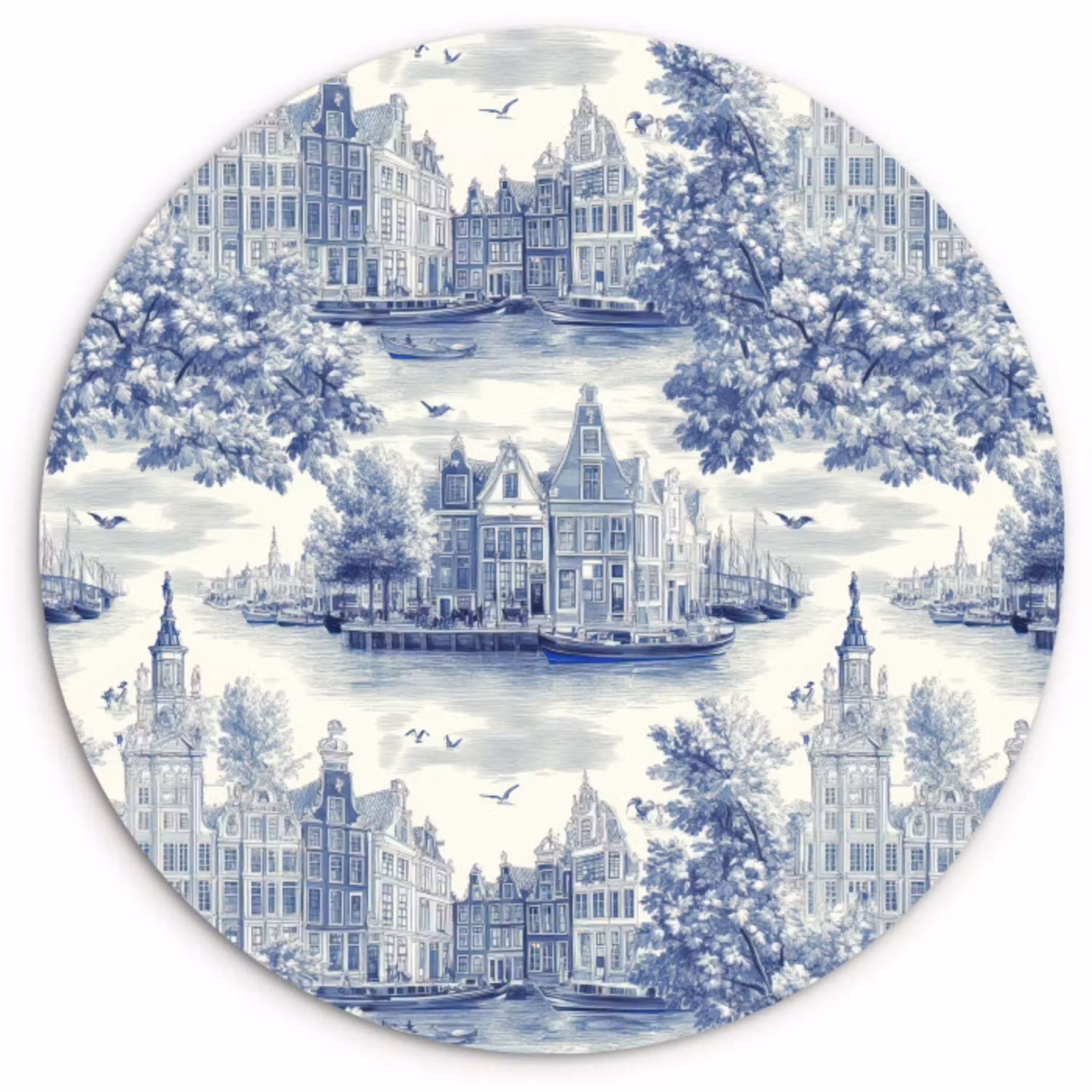 Huizen - Bomen - Water - Vogels - Blauw Wandcirkel kunststof plaat 5mm dik klein 188 -3d