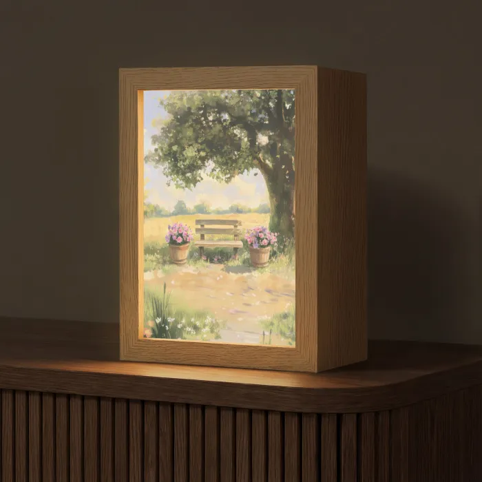 Houten bankje - Bloempotten - Landschap Light Box met kabel (Tafellamp) klein -z3d_website