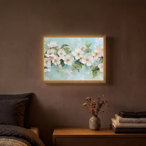 Bloesem - Bladeren - Lichtblauw Light Box met batterij (Wandlamp) middel -sfeer4