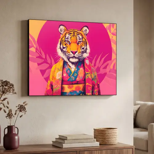 Tijger - Kimono - Planten - Roze Textielframe zwart klein -sfeer3