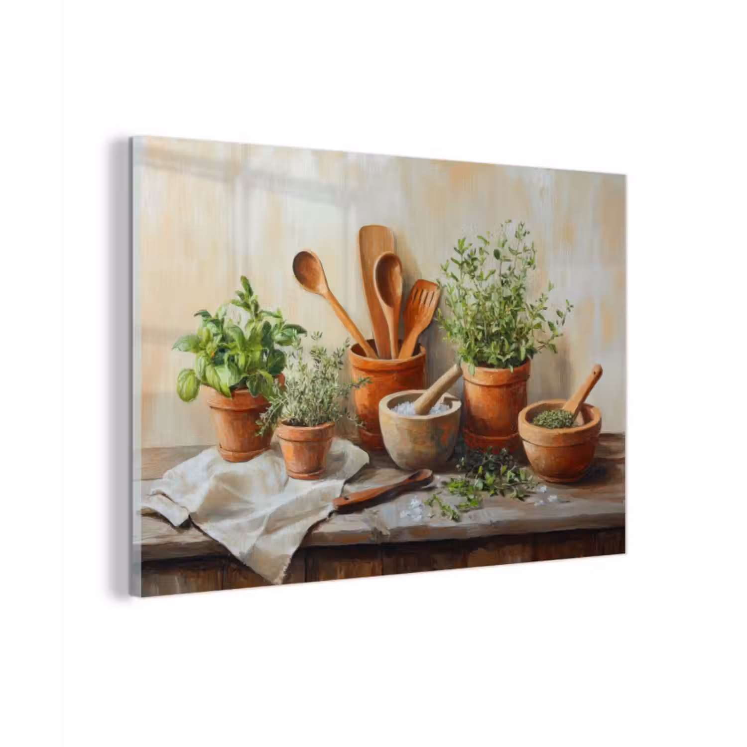 Glas schilderij - Potten - Kruiden - Hout