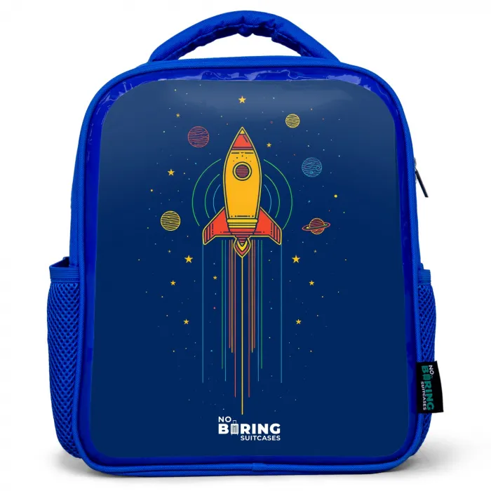 Raket - Planeten - Sterren Kinderrugzak - Blauw middel -3d