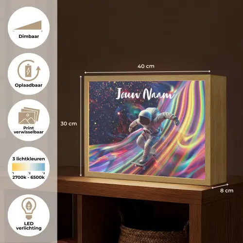 Astronaut - Ruimte - Skateboard - Kleurrijk Light Box met batterij (Wandlamp kind) middel -USP_websiteoverzichtNL