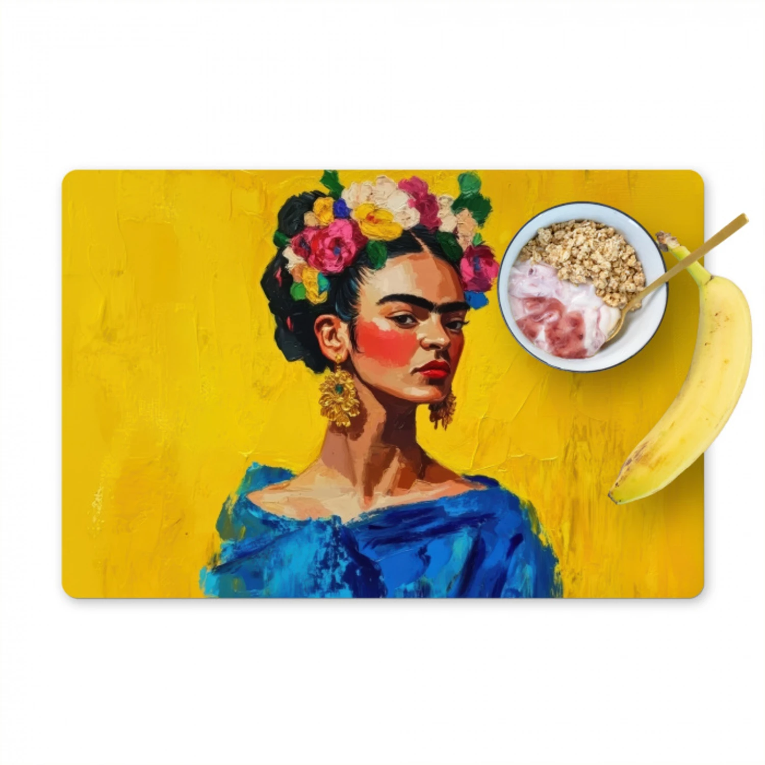 Frida Kahlo - Vrouw - Geel - Blauw - Bloemen Placemat vinyl groot -zzzproduct_Kitchenyeah-website