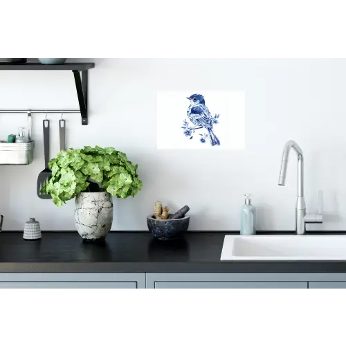 Vogel - Delfts blauw - Illustratie - Bloemen Muursticker klein -keuken