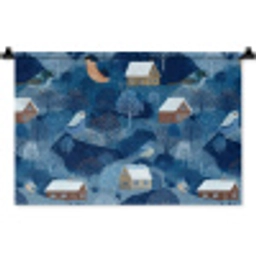 Huisjes - Vogels - Sneeuw - Winter - Blauw Wandkleed katoen klein 269 -zz3d
