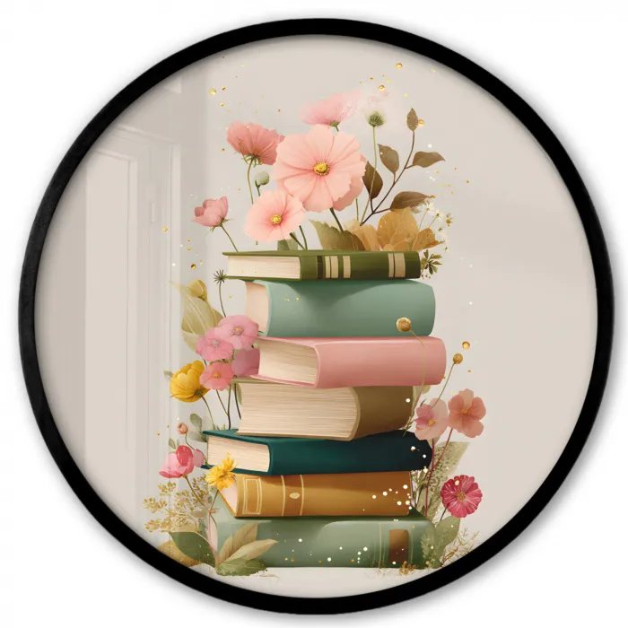 Boeken - Stapel - Bloemen - Kleurrijk Fotolijst rond zonder passe partout klein -3d