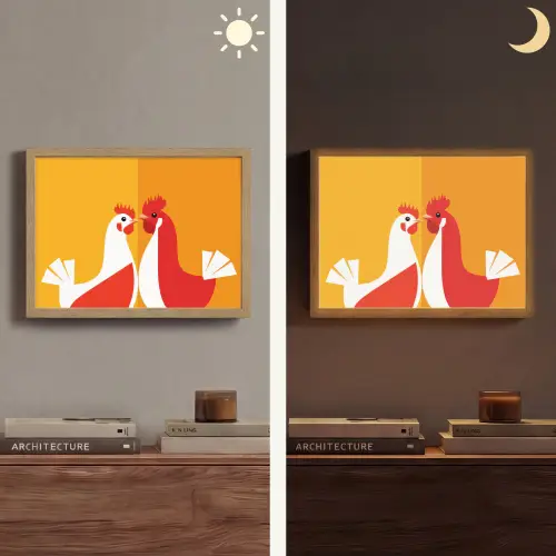 Kippen - Oranje - Vlakken Light Box met batterij (Wandlamp) middel -sfeer3