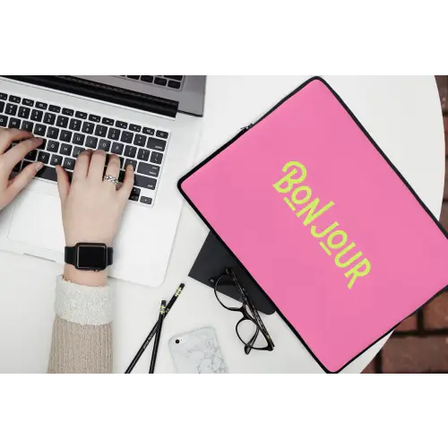 Roze - Groene Bonjour - art-deco laptophoes neopreen klein -bureau