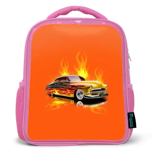 Gele auto met gele vlammen Kinderrugzak - Roze middel -3d
