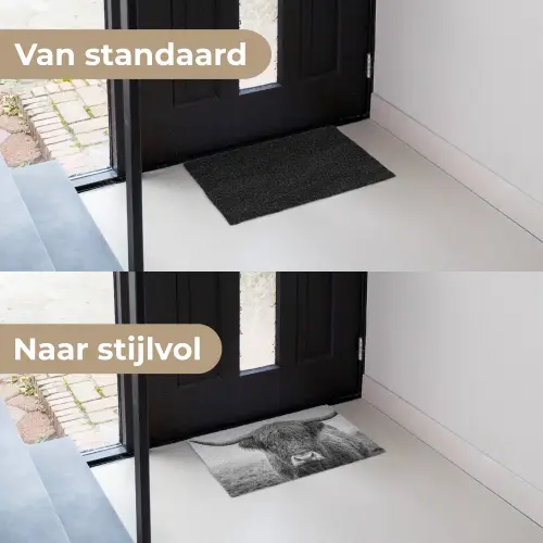 Schotse hooglander - Zwart - Wit - Gras Deurmat klein -voor-na_NL