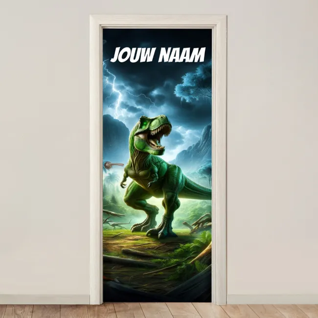 Deursticker met naam - T-rex - Jungle - Bliksem
