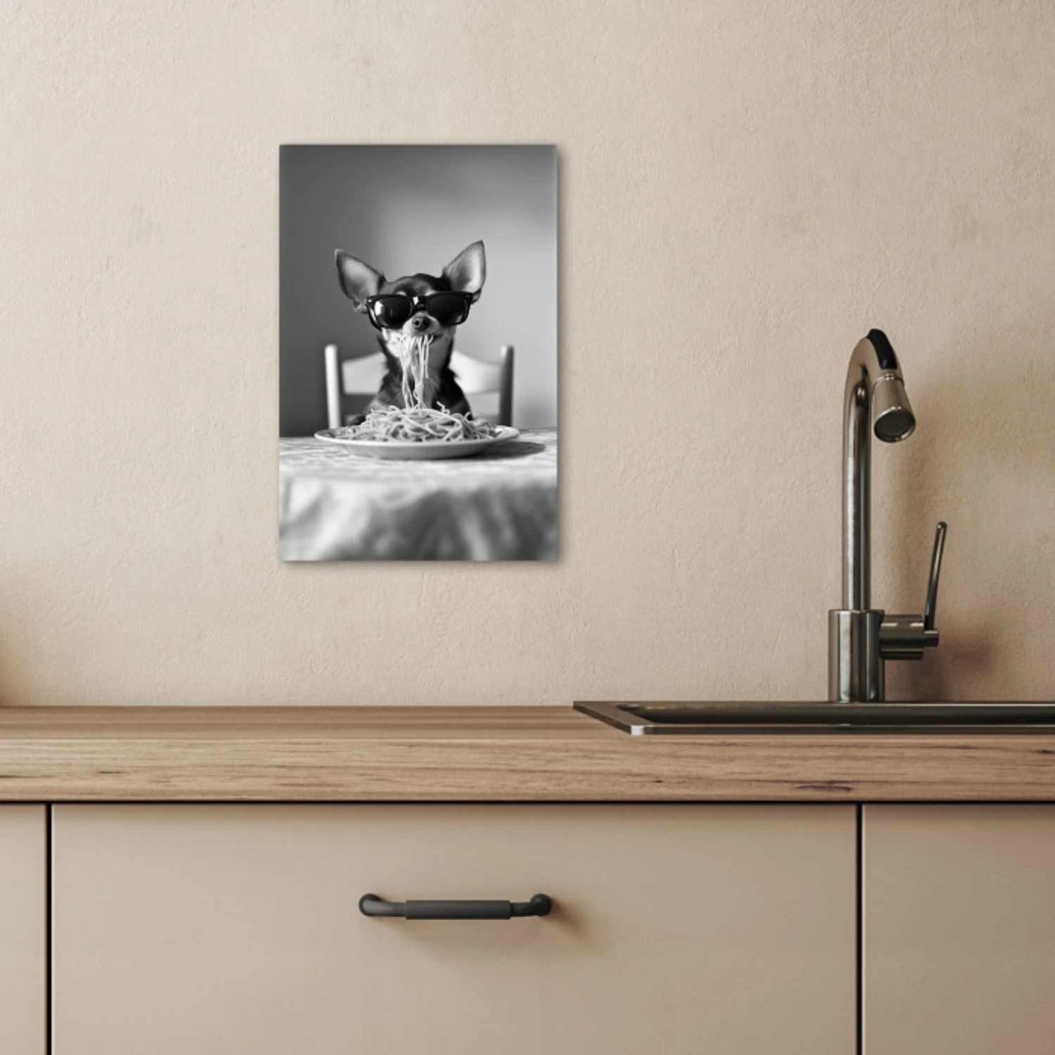 Chihuahua - Hond - Zonnebril - Humoristisch - Zwart - Wit - Spaghetti KitchenYeah - Keuken - Canvas klein -sfeer2