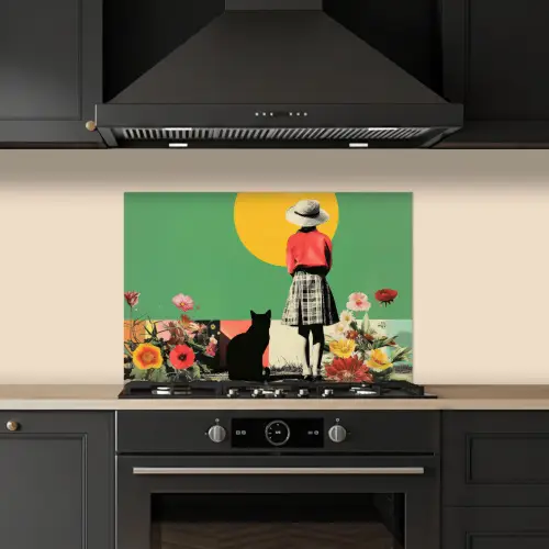 Retro - Meisje - Kat - Zon keuken achterwand spatscherm klein -sfeer1