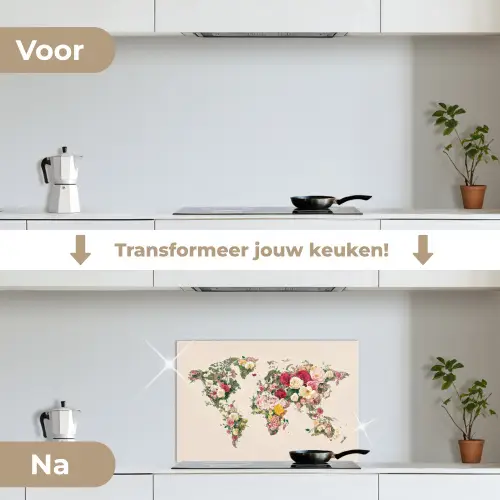 Wereldkaart - Bloemen - Roze keuken achterwand spatscherm klein -voor_na_NL