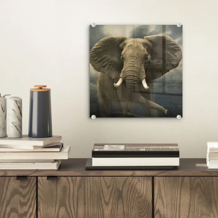 Afrikaanse olifant tegen de donkere wolken plexiglas 5mm klein -sfeer1