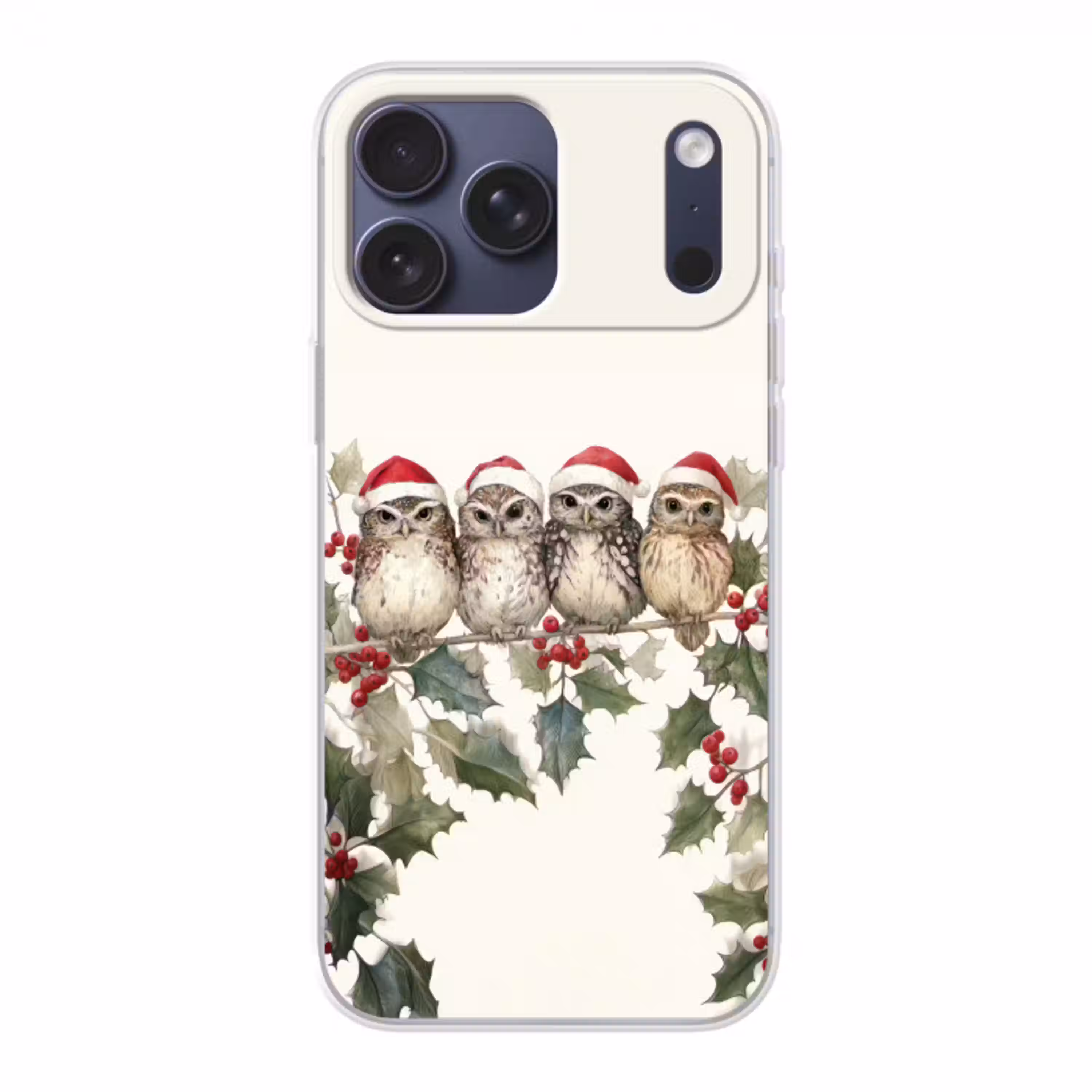 Uilen - Tak - Hulstblaadjes - Kerstmuts Telefoonhoesje iPhone 17 Pro Max klein -3d