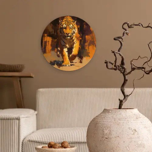 Tijger - Geschilderd - Oranje - Penseelstreken Wandcirkel plexiglas klein -sfeer1