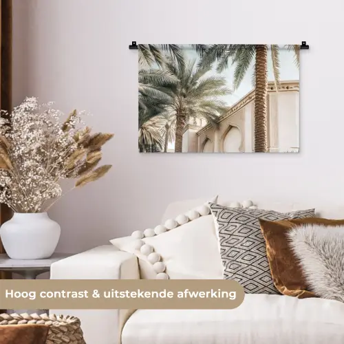 Gebouw - Palmbomen - Beige - Zon Wandkleed katoen klein -sfeer1