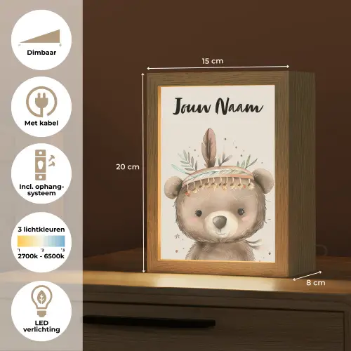 Beer - Boho - Indianentooi - Dieren Light Box met kabel (Kinderlampje) klein -USP_NL
