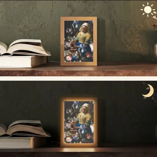 Melkmeisje - Johannes Vermeer - Bloemen Light Box met kabel (Tafellamp) klein -sfeer3