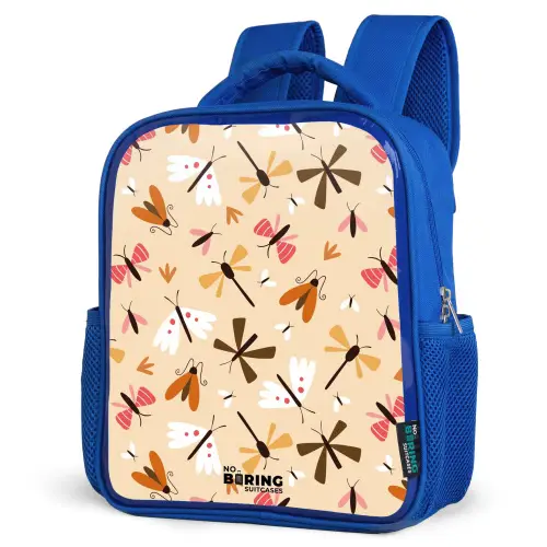 Insectenpatroon in bruin, roze en oranje op beige achtergrond Kinderrugzak - Blauw middel -schuin