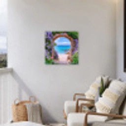Doorkijk - Poort - Zee - Strand - Rotsen Tuinposter op houten frame 2 cm dik middel -sfeer1