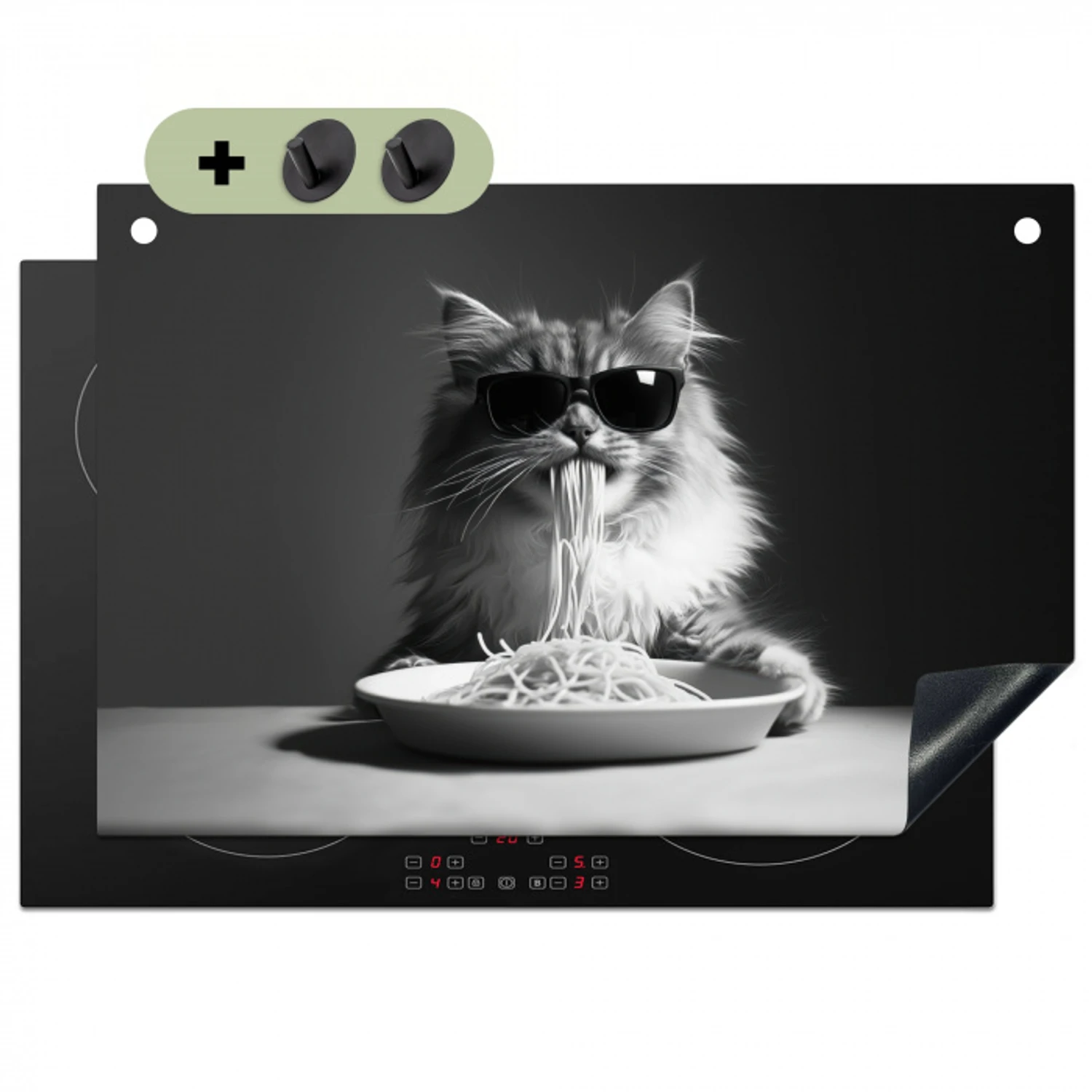 Langharige kat - Zonnebril - Spaghetti - Humor - Zwart - wit Inductie beschemer met haakjes klein -3d