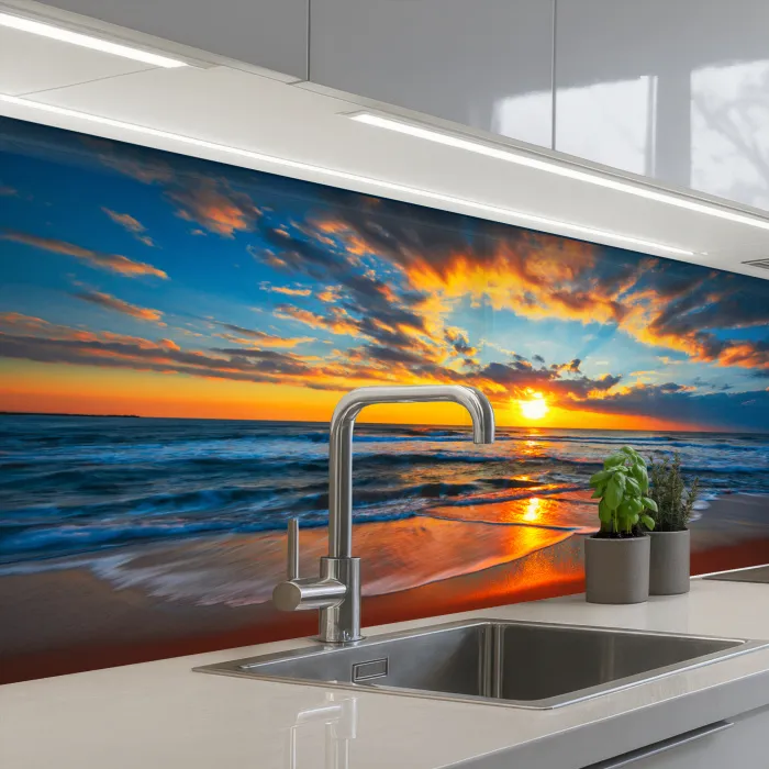 Zee - Zonsondergang - Strand - Wolken - Oranje keuken achterwand 2 middel -3d_schuin