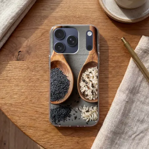 Houten - Lepels - Rijst - Zaden Telefoonhoesje iPhone 17 Pro klein -sfeer1