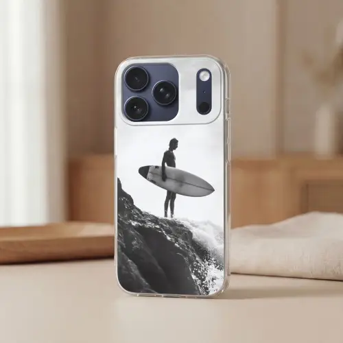 Surfer - Rots - Oceaan - Golven Telefoonhoesje iPhone 17 Pro klein -sfeer2