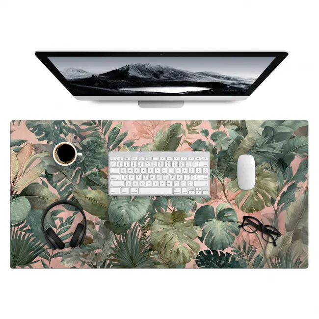 Desk Mat - Composition of leaves - Green - Pink