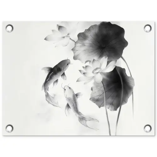 Lotusbloemen - Vissen - Bladeren - Zwart tuinposter los doek klein -3d