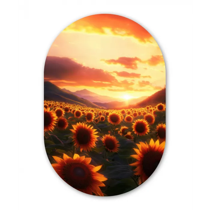 Zonnebloemen - Zonsondergang - Landschap Wandcirkel Ovaal Glas middel -3d