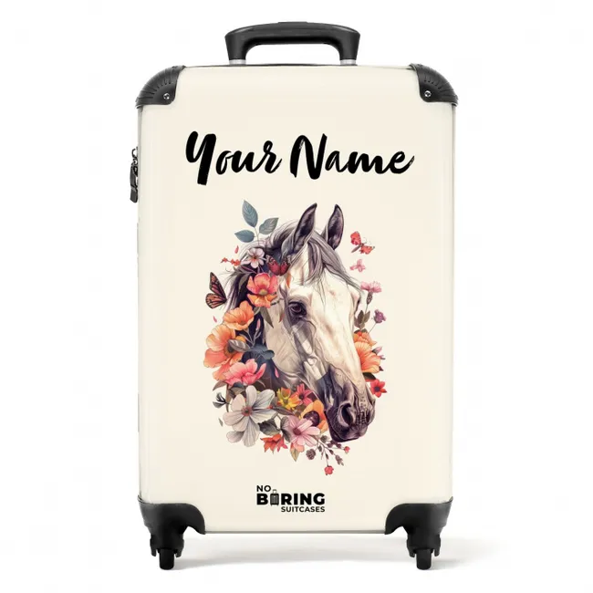 Wit paardenhoofd omringd door bloemen en vlinders NBS - Handbagage koffer - Kinderen Unisex middel -productfoto_recht