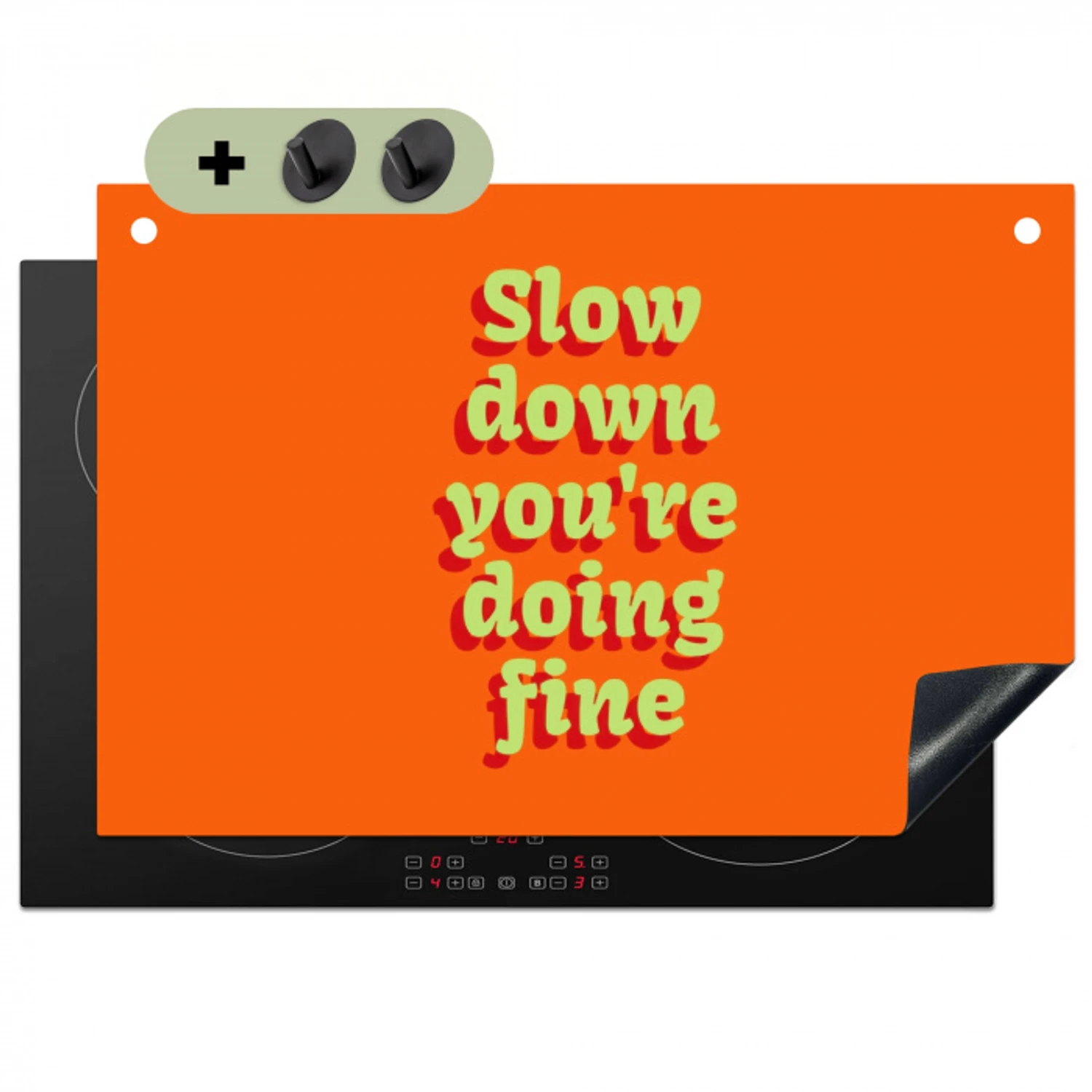 Oranje - Slow down you're doing fine - Retro Inductie beschemer met haakjes klein -3d