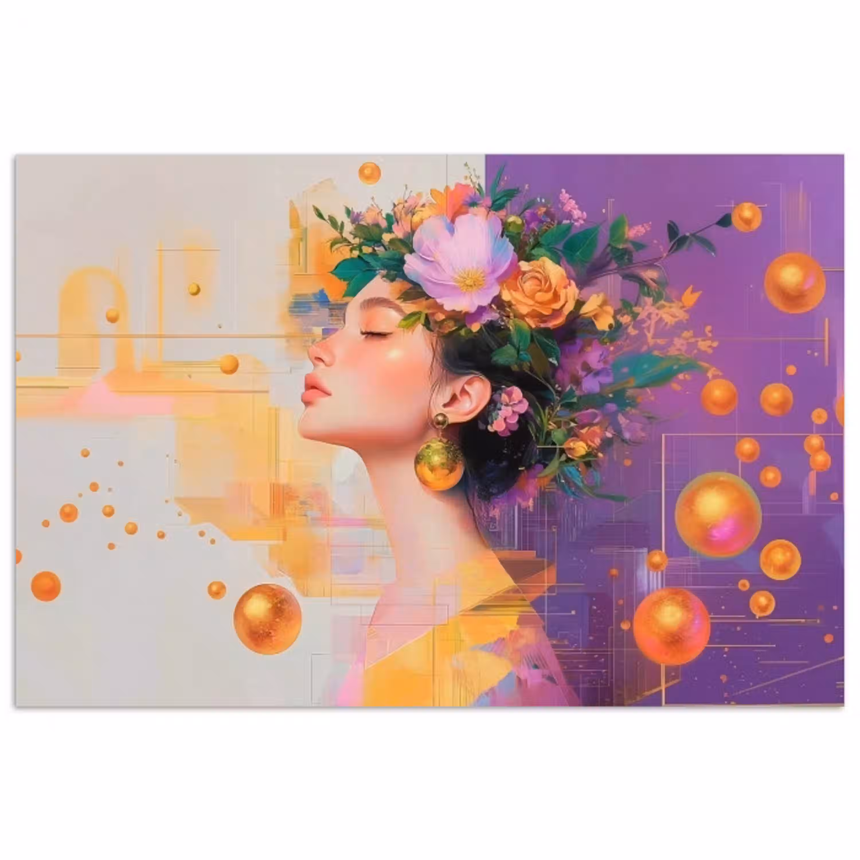 Abstract - Vrouw - Bloemenkroon - Goud poster papier klein -3d