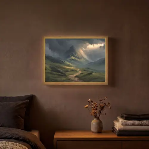 Bergen - Kronkelpad - Groen - Wolken Light Box met batterij (Wandlamp) middel -sfeer4