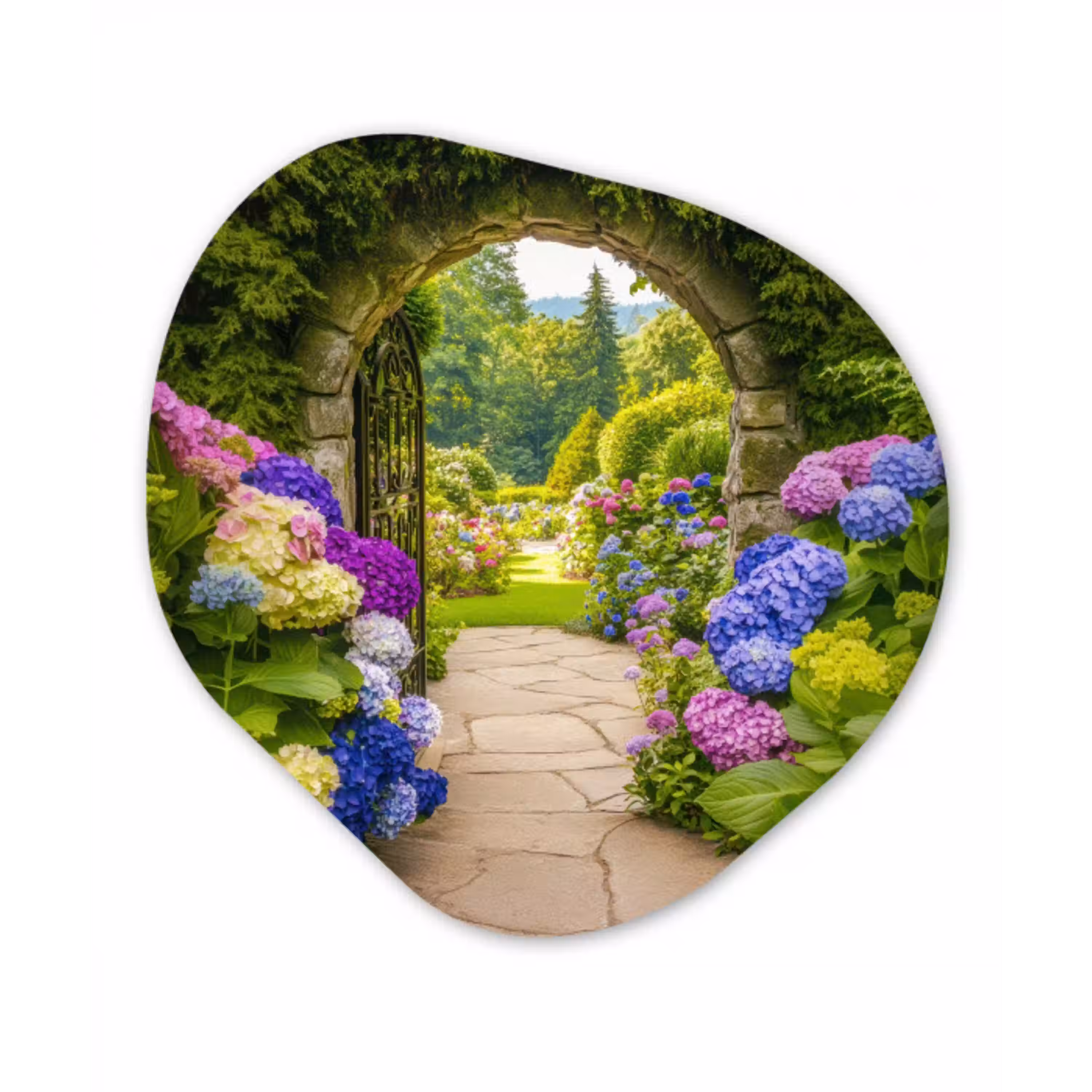 Doorkijk - Poort - Hortensia - Bloementuin Wandcirkel Organisch Aluminium middel -3d