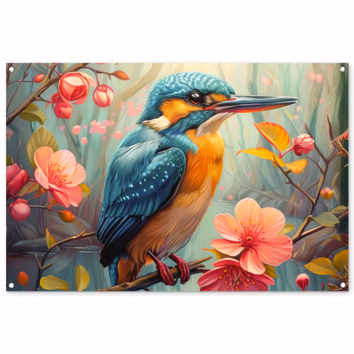 Gartenposter - Eisvogel - Blüte - Natur - Vögel - Blumen
