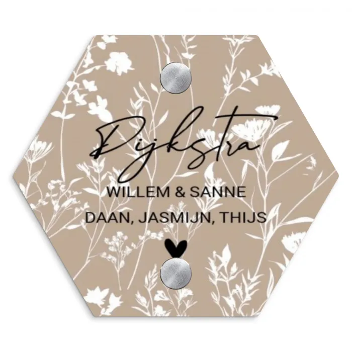 Beige bloemmotief - Sierlijk Naambord Hexagon klein -3d