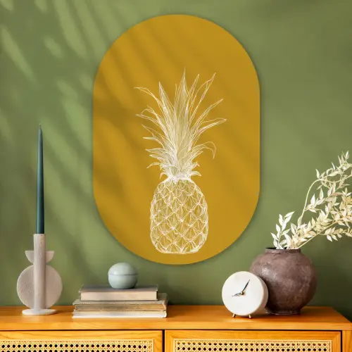Lijnillustratie - Ananas - Bladkroon - Okergeel Wandcirkel Ovaal Glas middel -sfeer2