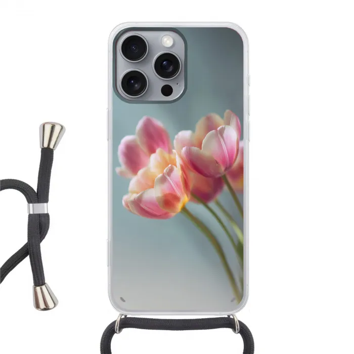 Tulpen - Roze - Stelen Hoesje iPhone 16 Pro Max met koord klein -3d