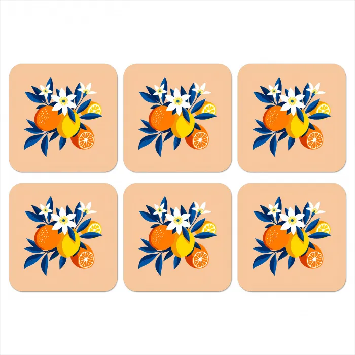 Illustratie - Sinaasappels - Donkerblauw - Bloemen onderzetter kurk middel -3d