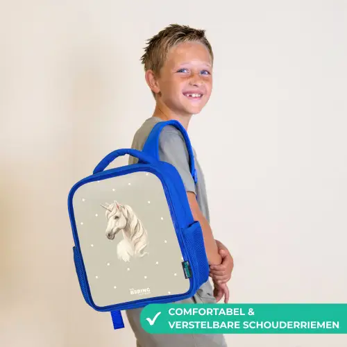 Eenhoorn omringd door stippen in neutrale kleuren Kinderrugzak - Blauw middel -sfeer3_NL