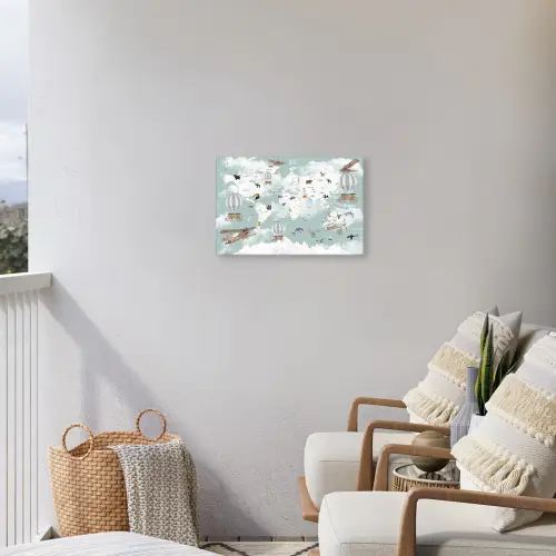 Wereldkaart - Kind - Vliegtuig Tuinposter op houten frame 2 cm dik klein -sfeer1