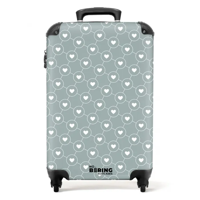 Grijsgroene achtergrond met witte hartjes NBS - Handbagage koffer - Volwassenen Unisex middel -productfoto_recht