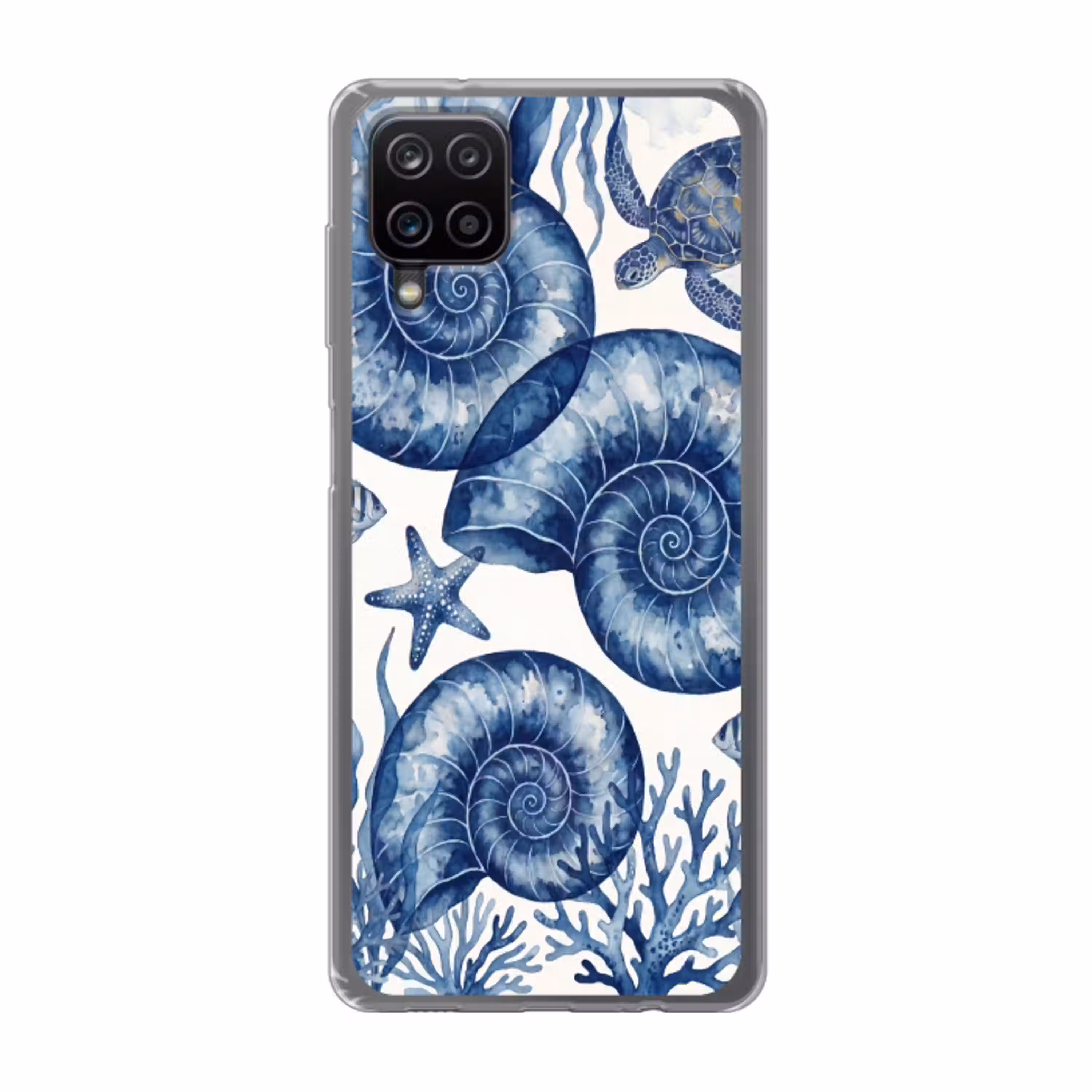 Schelp - Spiraal - Zeeleven - Aquarel - Blauw Telefoonhoesje Samsung Galaxy A12 klein -3d